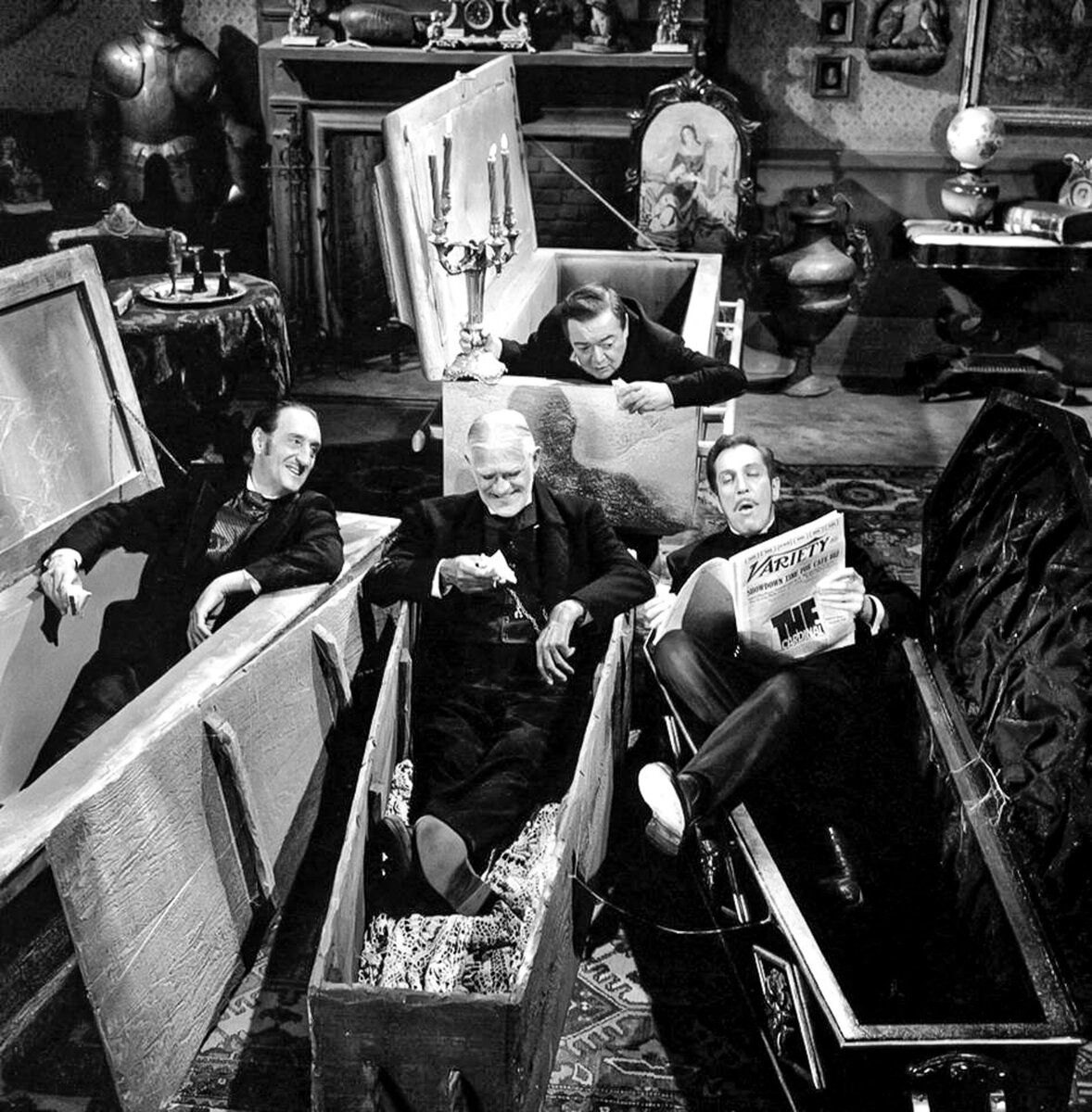 Vincent Price reads to Peter Lorre, Basil Rathbone, and Boris Karloff.jpg