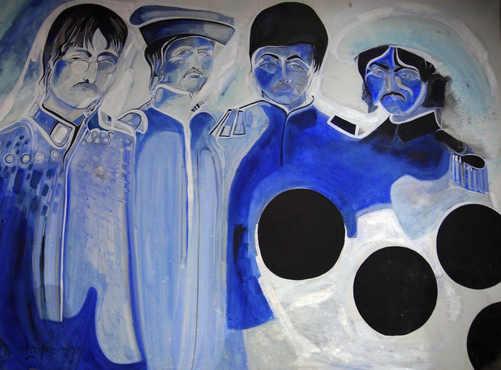 A painting of the Beatles by Jonathan Hague at the Beatles Museum in Liverpool, Sept. 30, 2021. (Peter Byrne—Press Association Wire/AP)