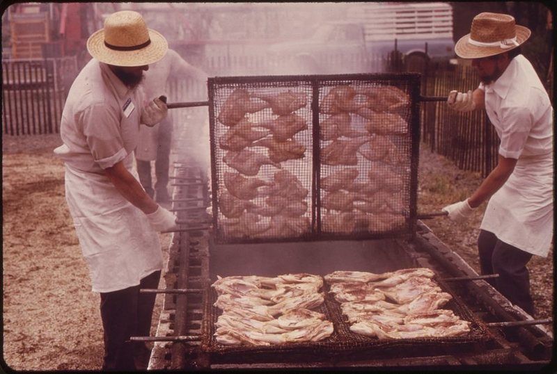 A 1973 chicken barbecue fundraiser for a fire department.