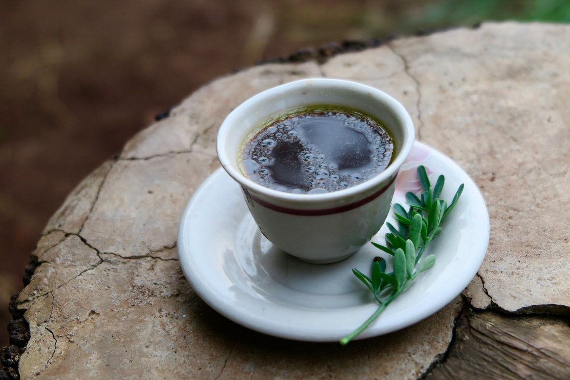 A cup of traditional coffee prepared in a jebana and served with butter and a sprig of fresh rue.