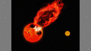 A distant red star erupting with a fiery flare that extends far off the star's surface