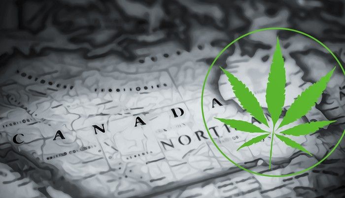 Marijuana leaf on top of a map of Canada