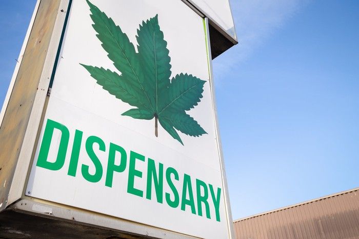A large cannabis dispensary sign in front of a retail store. 