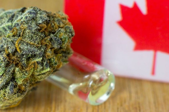 A dried cannabis bud and small vial of cannabinoid-rich liquid next to the Canadian flag.