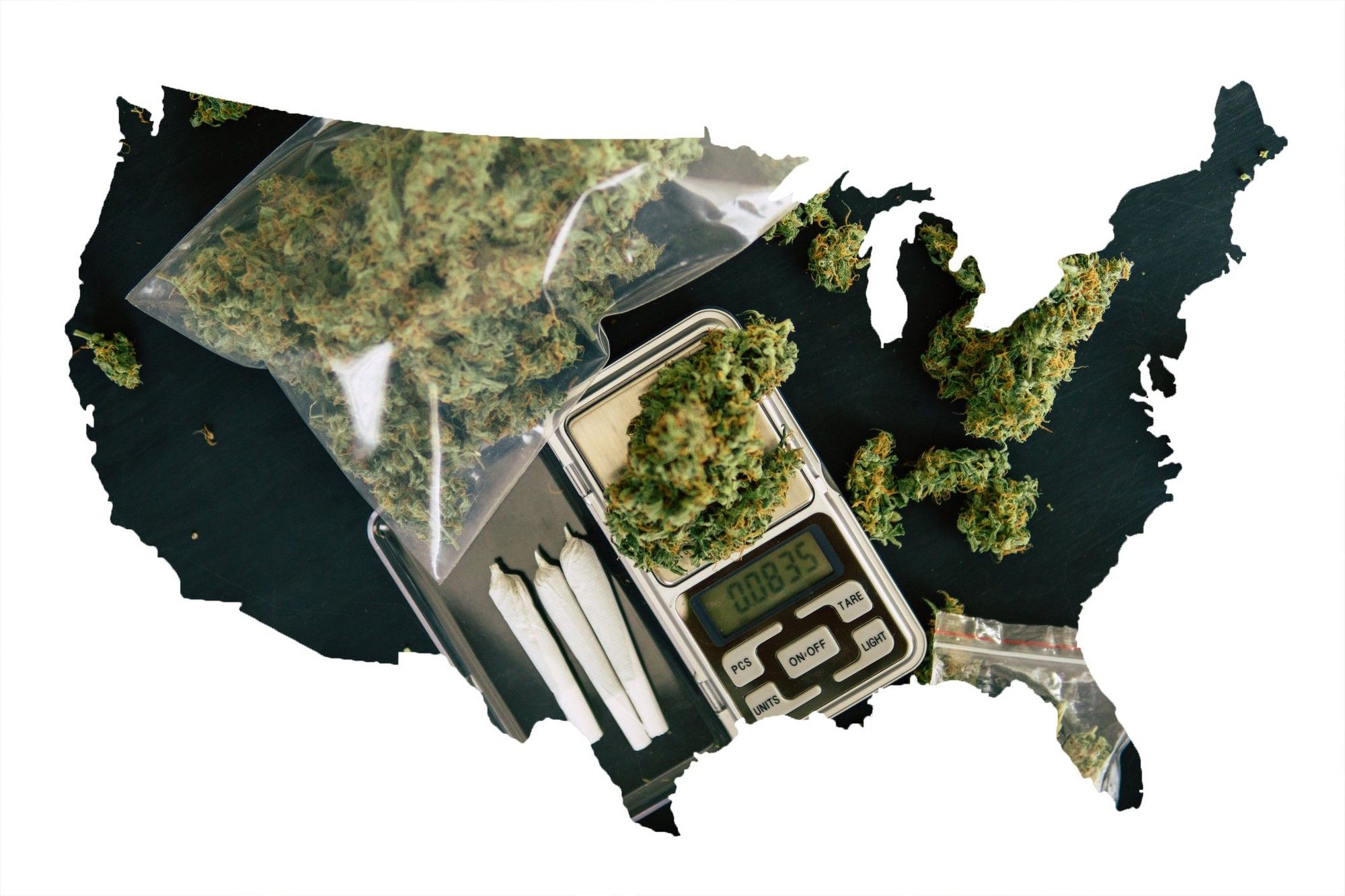 A black silhouette outline of the U.S., partially filled in by baggies of cannabis, rolled joints, and a scale.