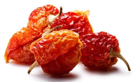 Dried Habanero peppers (Capsicum chinense). Clipping paths, shadow separated<br>GN1EN4 Dried Habanero peppers (Capsicum chinense). Clipping paths, shadow separated