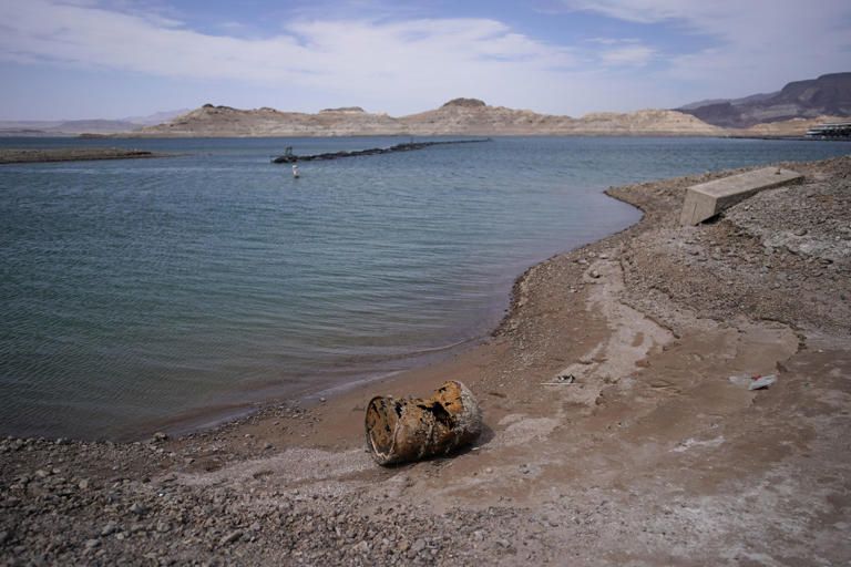 Rusting debris that used to be underwater sits above the water level on Lake Mead at the Lake Mead National Recreation Area, Monday, May 9, 2022, near Boulder City, Nev. / Credit: John Locher / AP