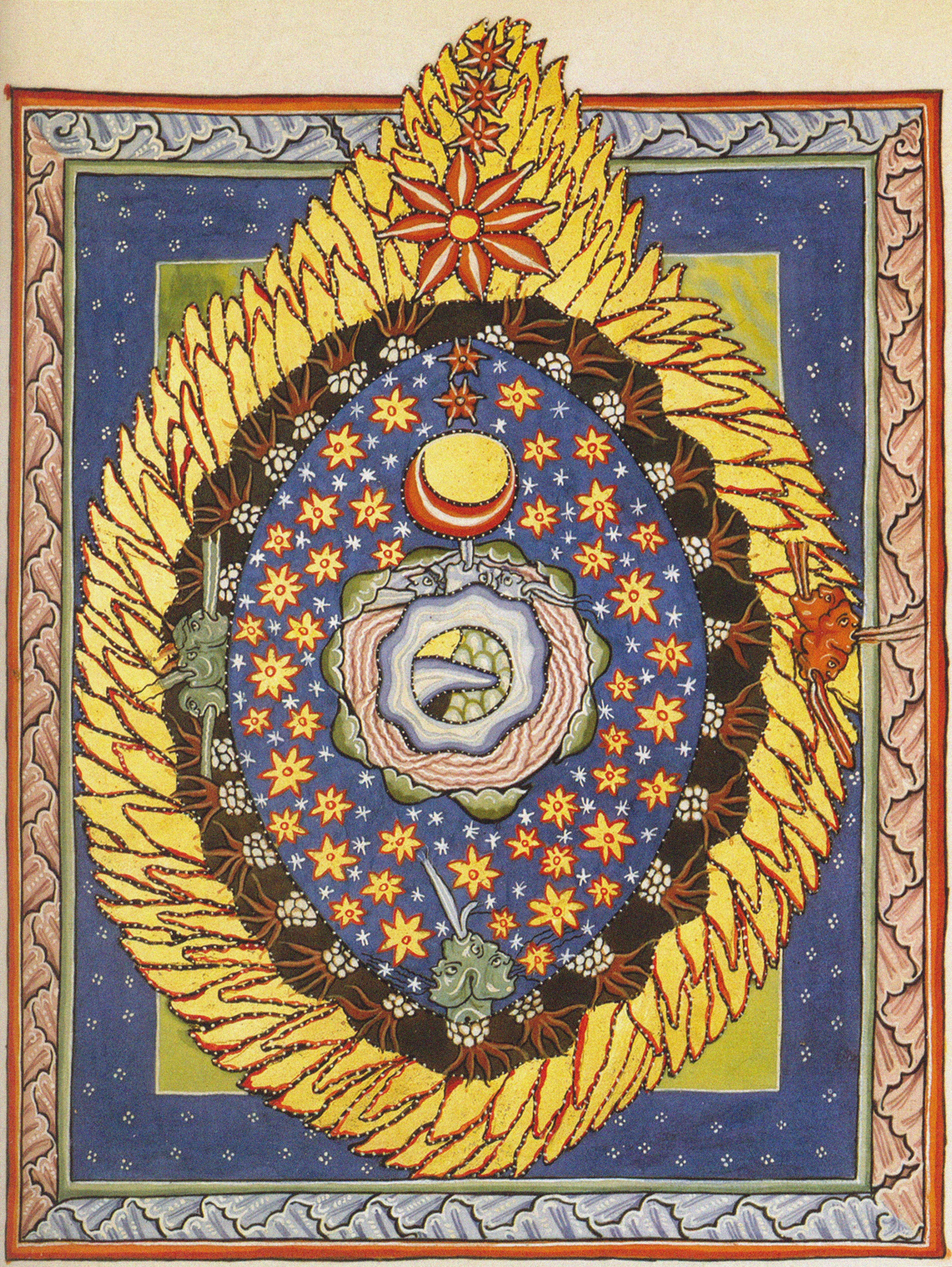 A depiction of the cosmic egg of the universe, encircled by the flames of God's love, from one of Hildegard's books on her visions.