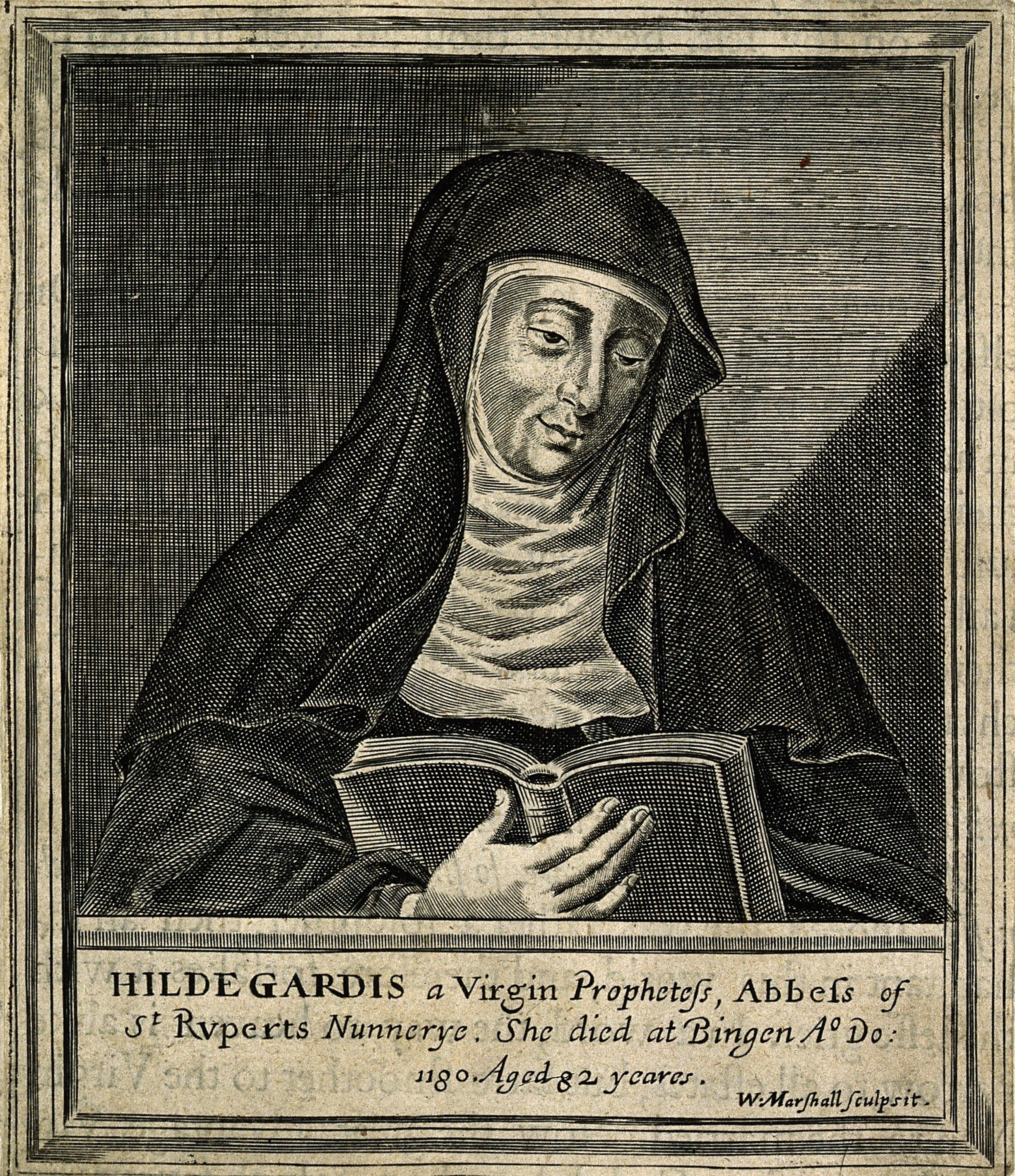 A 17th-century line engraving of Hildegard.