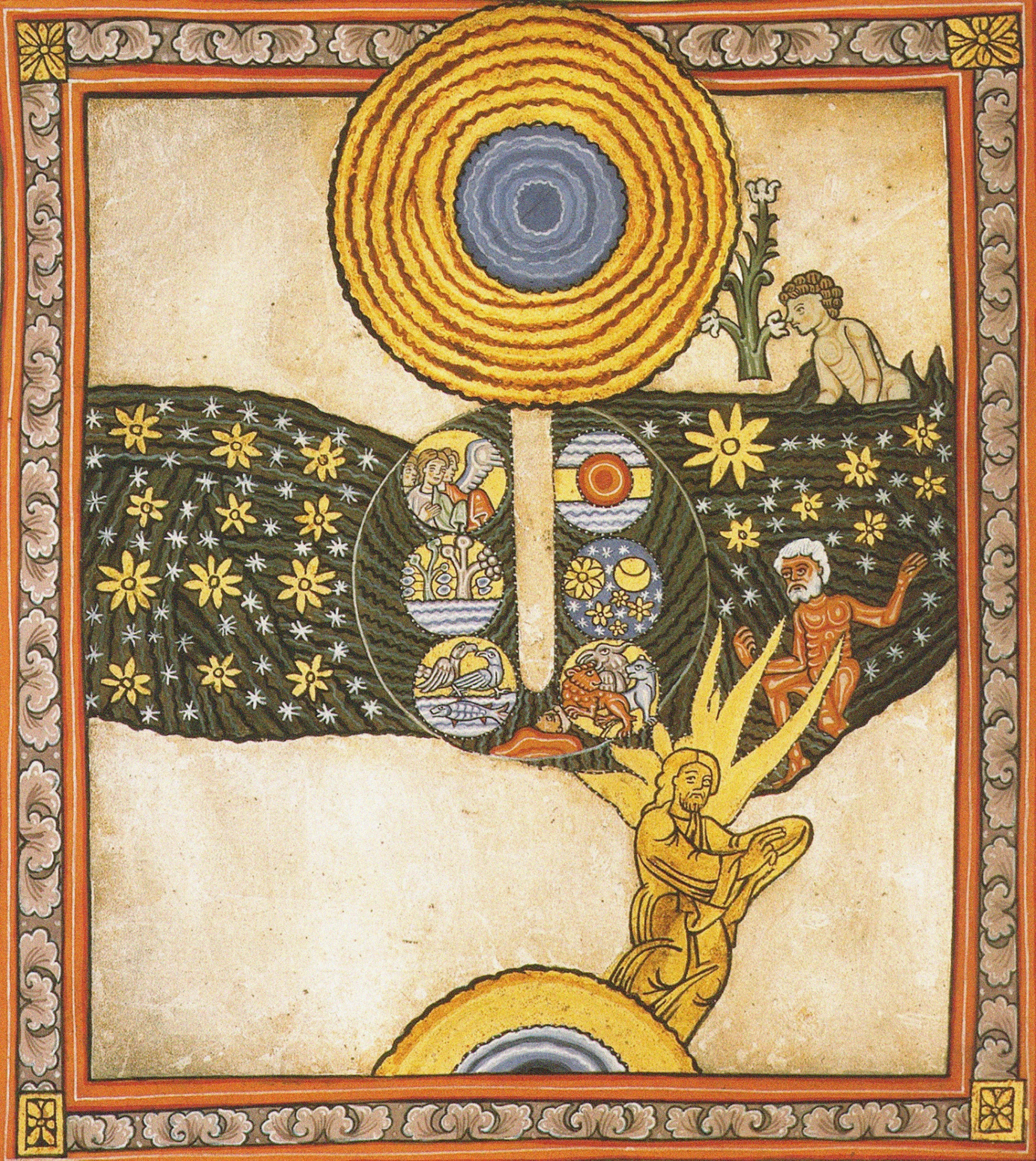 Hildegard's writing addressed how God revealed the powers of plants to her. In this illustration from one of her books, Adam neglects to pick a flower symbolizing knowledge from God. 