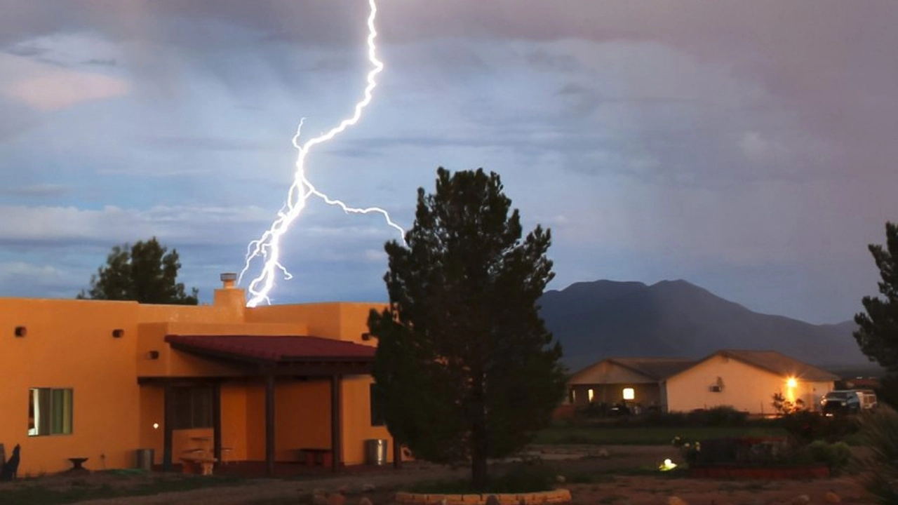 An image of a lightning bolt in a rural Arizona neighborhood