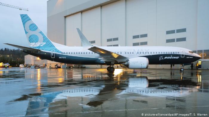 The first Boeing 737 MAX airplane to roll off Boeing's assembly line in Renton, Wash. is shown parked