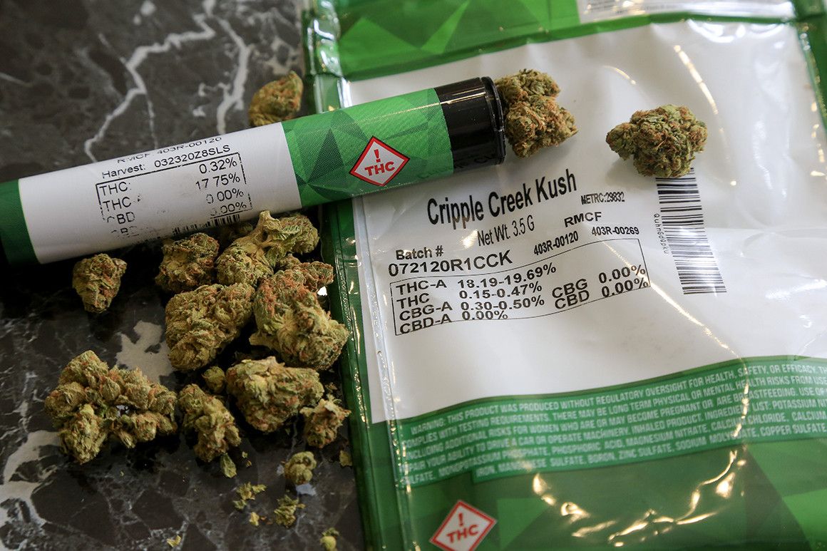 The THC percentages of recreational marijuana are visible on the product's packaging. 