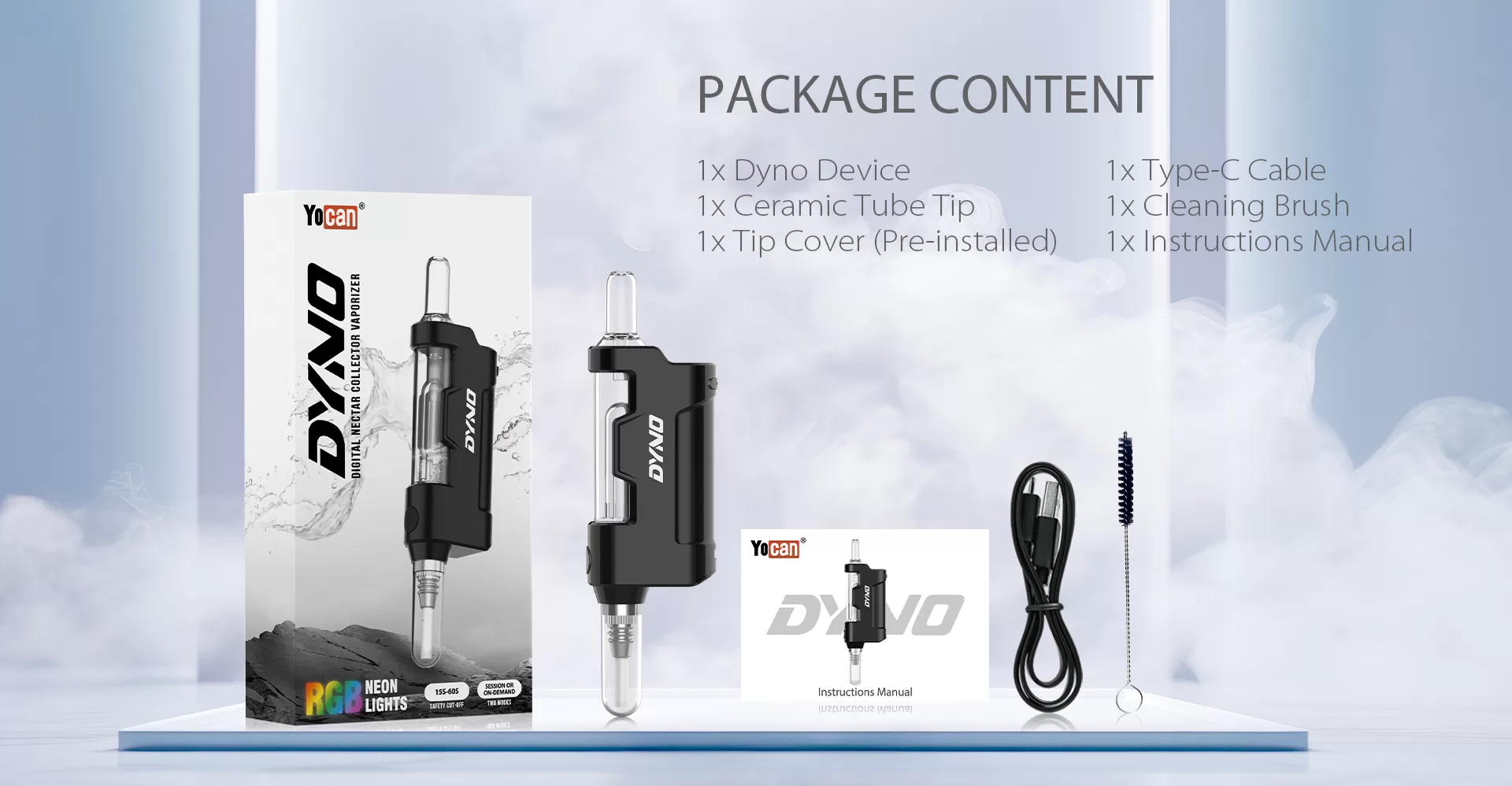 Product packaging details of Yocan Dyno Digital Nectar Collector with Glass Bubbler (Contains: 1x Dyno Device 1x Ceramic Tube Tip 1x Tip Cover (Pre-installed) 1xType-C Cable 1x Cleaning Brush 1x Instructions Manual)
